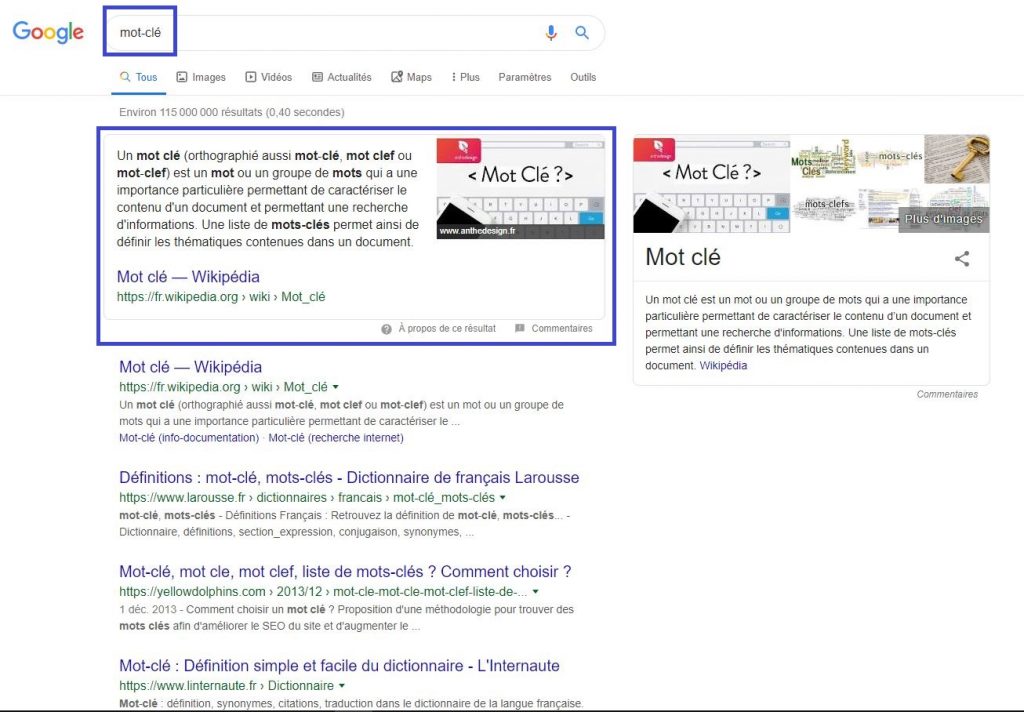 Mot-clé & Réponse de Google